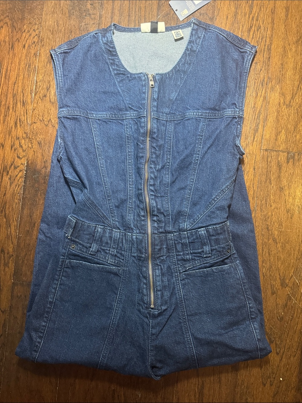 Universal Thread Blue Denim‎ Sleeveless Zip Jumpsuit Pockets Adjustable Waist 4 - Picture 8 of 12